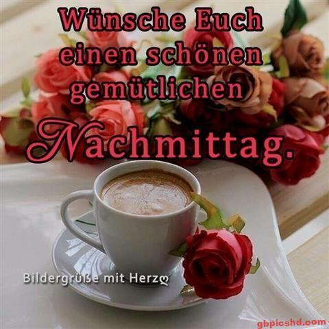 Eine Tasse Kaffee mit roter Rose auf einem Teller, umgeben von Rosen, für einen gemütlichen Nachmittag.