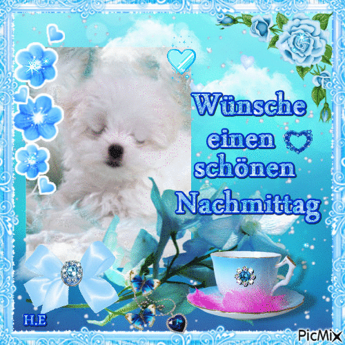 Kleiner weißer Hund mit blauen Blumen und einer Teetasse, Gruß zum schönen Nachmittag.