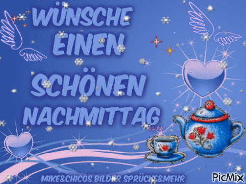 Blaues Bild mit funkelnden Sternen, Herzen und Teekanne als Nachmittaggruß.