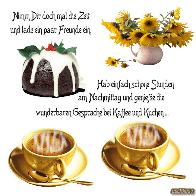 Kaffeetassen, Schokoladenkuchen und Sonnenblumen für einen gemütlichen Nachmittag mit Freunden.