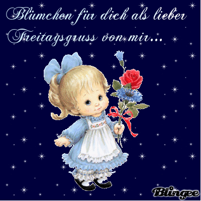 Niedliches Mädchen in blauem Kleid mit Blumenstrauß als Freitagsgruß.