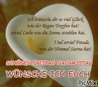 Zwei Herzen mit einem liebevollen Freitagsnachmittagsgruß in deutscher Sprache.