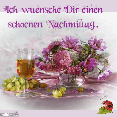 Glas Wein, bunter Blumenstrauß und Trauben auf lila Stoff, Gruß für einen schönen Nachmittag.