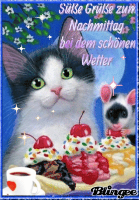 Katze und Maus genießen süße Törtchen bei schönem Wetter am Nachmittag.