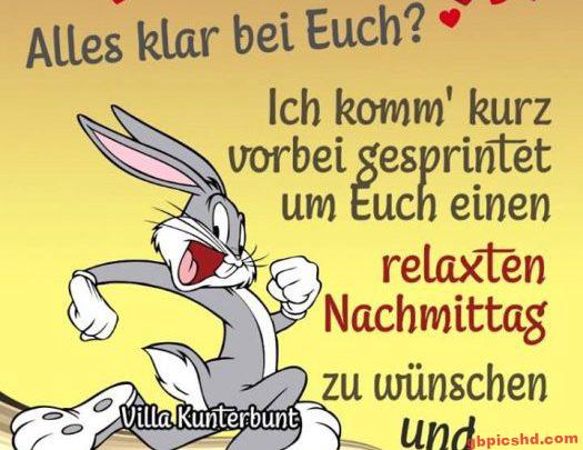 Cartoon Bugs Bunny vor gelbem Hintergrund mit entspanntem Nachmittagsgruß in deutscher Sprache.