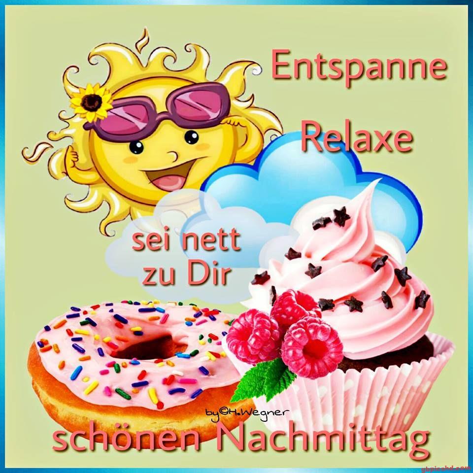 Lächelnde Sonne, Donut und Cupcake mit Himbeeren, freundliche Nachmittagsgrüße.
