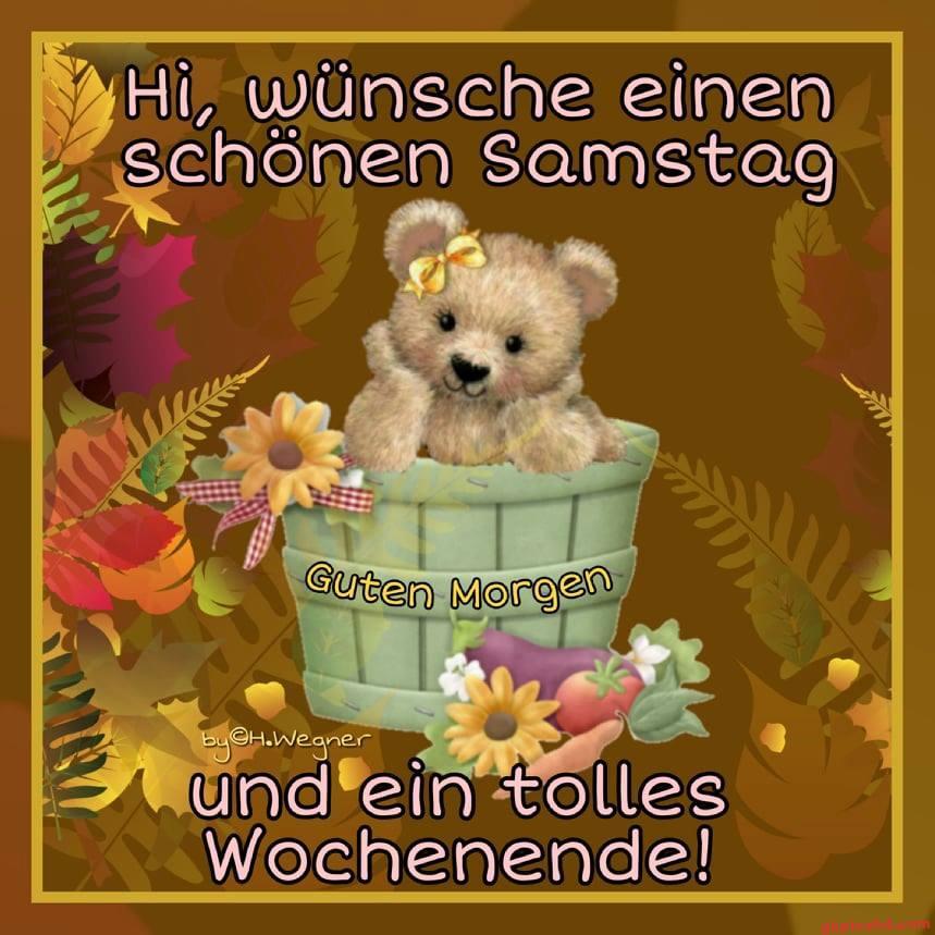 Niedlicher Teddybär im Korb mit Herbstdeko, Wunsch für einen schönen Samstag und ein tolles Wochenende.
