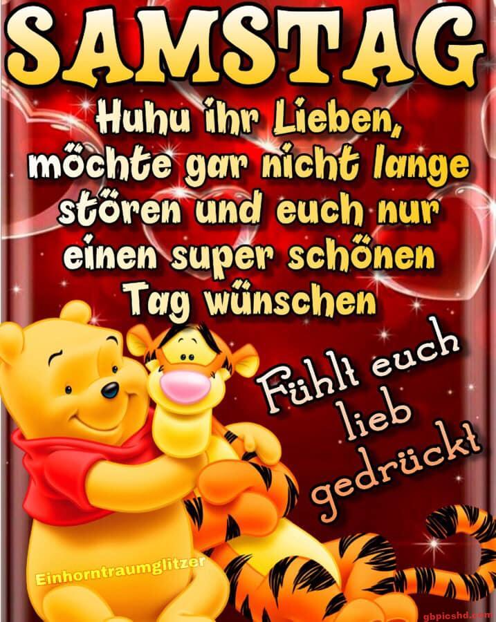 Winnie Puuh und Tigger umarmen sich auf einem roten Hintergrund mit Herzen, Samstaggruß.