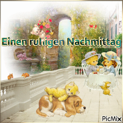Zwei Bärenpuppen haben Nachmittagstee auf einer Terrasse mit Hund, Kätzchen und kleinen Tieren.