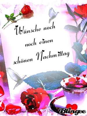 Rosen, Tauben und Tasse mit Herzen als Nachmittaggruß und Wunsch für einen schönen Nachmittag.