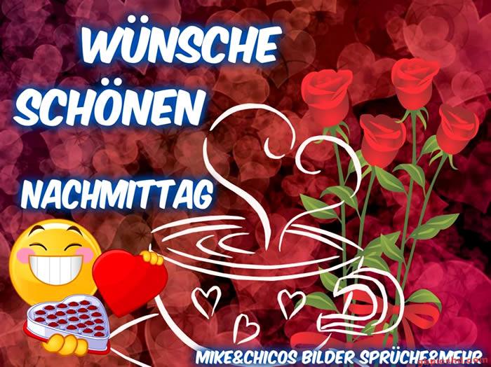 Grafik mit roten Rosen, einem Emoji und einer dampfenden Tasse mit Wunsch für einen schönen Nachmittag.