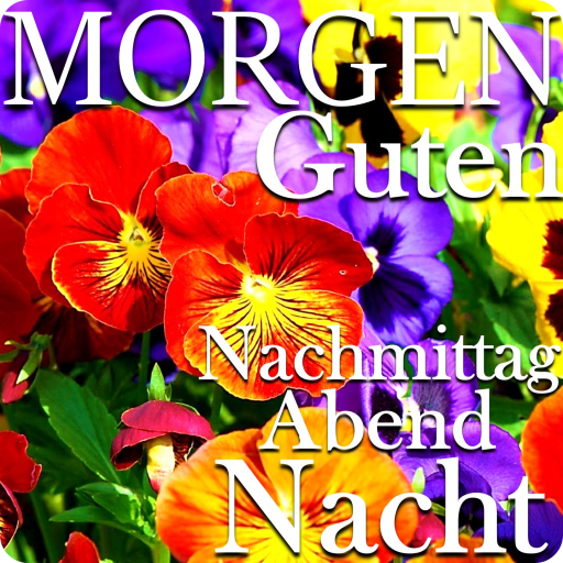 Bunte Blumen mit den deutschen Begrüßungen Morgen, Guten Nachmittag, Abend und Nacht.