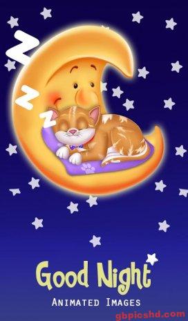 Schlafende Katze auf Mondkissen mit Sternen, 'Good Night' Gruß für die Nacht.