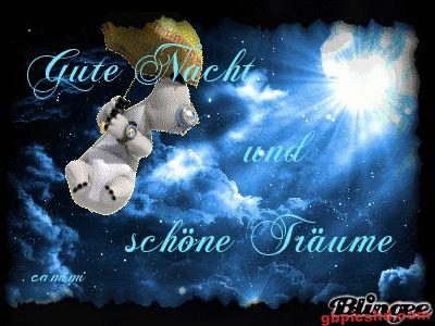Nachtbild mit Teddybär an Regenschirm, Sternenhimmel und Mondlicht für Gute Nacht Wünsche.