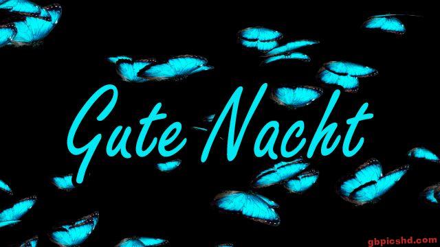 Blaue Schmetterlinge und der Schriftzug 'Gute Nacht' auf schwarzem Hintergrund als Nachtgruß.