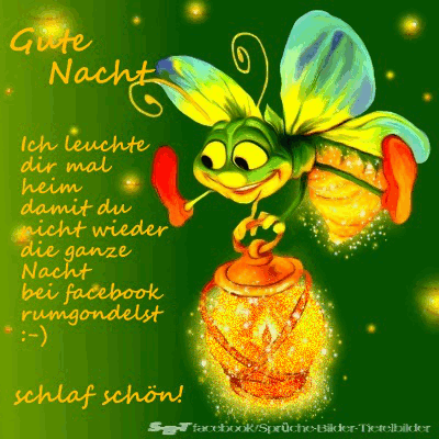Leuchtendes Glühwürmchen mit Glühbirne und Gute-Nacht-Wunsch in fröhlichem Stil.