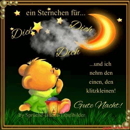 Ein niedlicher gelber Bär wünscht gute Nacht mit Sternen und Mond im Hintergrund.