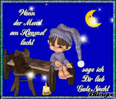 Kleines Kind sitzt am Bett mit Mond im Hintergrund, gemütliche Gute-Nacht-Szene.