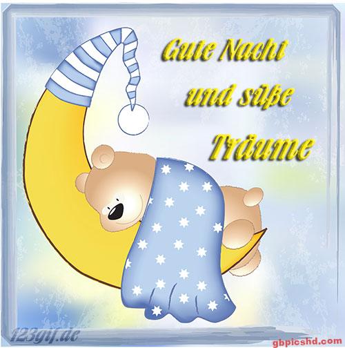 Ein schlafender Bär auf einem Halbmond mit Schlafmütze und Decke, Gute Nacht Gruß
