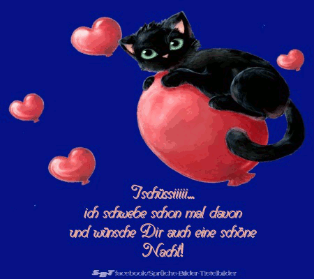 Schwarze Katze auf rotem Herzballon mit Herzballons, gute Nacht wünschen.