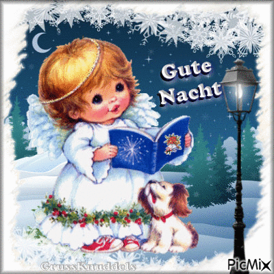 Mädchen mit Engelsflügeln liest Buch im Schnee bei Nacht mit Hund, Winterstimmung, Gute Nacht Gruß