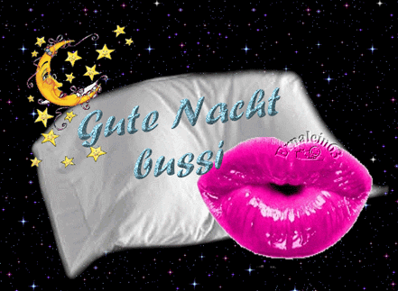 Gute-Nacht-Gruß mit Kissen, Mond, Sternen und einer pinkfarbenen Kusslippe.