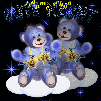 Zwei blaue Teddybären auf einer Wolke mit Sternen, Gute Nacht Gruß.