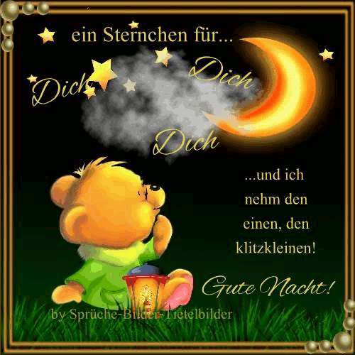 Kleiner Bär schaut zum Mond und Sternen, wünscht eine gute Nacht.