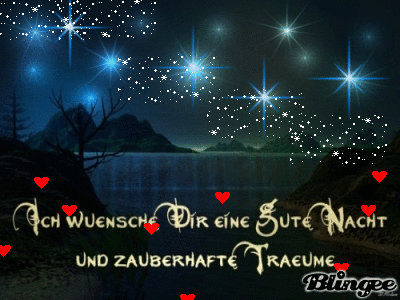 Nachtlandschaft mit funkelnden Sternen und einem guten Nachtwunsch in deutscher Sprache.