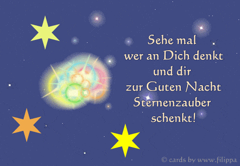 Illustration eines Nachthimmels mit einem bunten Kometen, drei Sternen und einem guten Nacht Gruß auf Deutsch.