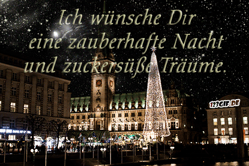 Nächtliche Stadtansicht mit festlich beleuchtetem Weihnachtsbaum und Sternenhimmel.