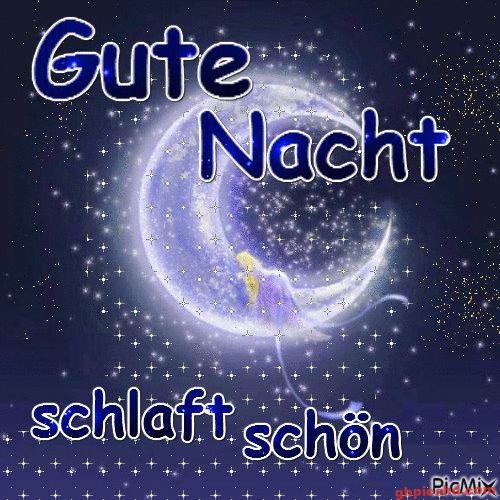 Leuchtender Halbmond im Nachthimmel mit schlafendem Mädchen und guter Nacht Gruß.