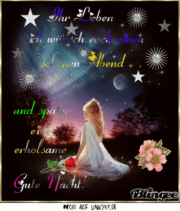 Mädchen sitzt nachts im weißen Kleid unter Sternenhimmel und Mond, Blumen neben ihr, friedliche Stimmung.