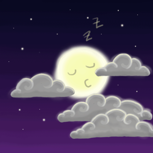 Schlafender Mond hinter grauen Wolken in einer sternenklaren Nacht