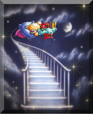 Leuchtende Treppe im Nachthimmel mit schlafendem Teddybär und 'schlaf gut'-Text, Gute Nacht Gruß.