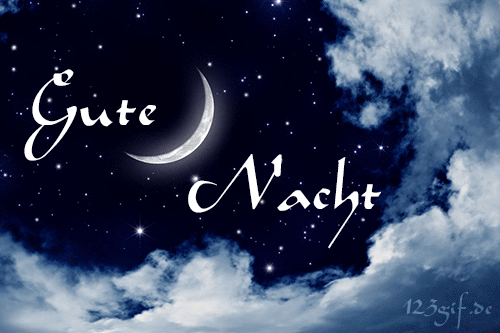 Nachthimmel mit Halbmond und Wolken mit dem Text Gute Nacht als Gruß.