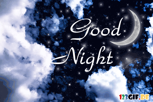 Nachthimmel mit Wolken, Sternen und Mond mit dem Text 'Good Night' als Gute-Nacht-Grüße.