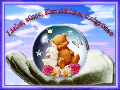 Hand hält eine Kugel mit Bär und Kaninchen, umgeben von Blumen und Sternen, freundliche Grüße.