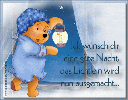 Winnie Puuh mit Laterne in blauem Schlafanzug sagt gute Nacht unter Sternenhimmel.