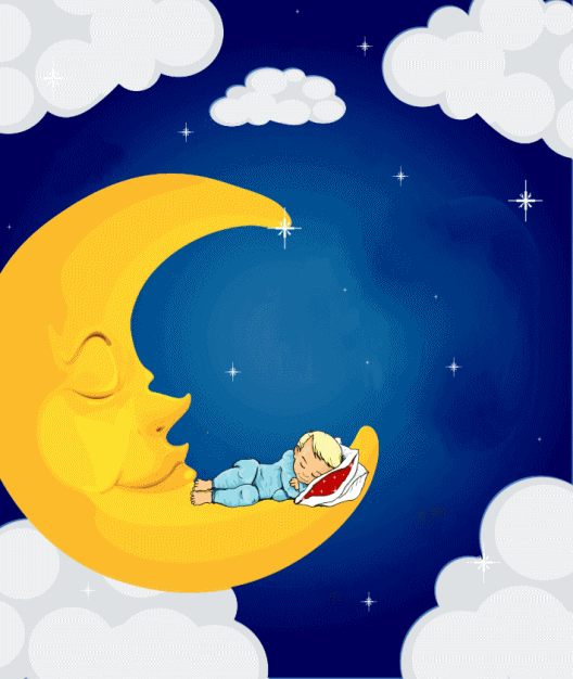 Schlafendes Baby auf gelbem Mond in sternklarer Nacht mit Wolken bei guter Nacht