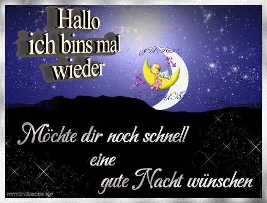 Nachthimmel mit Mond, Engel und einem guten Nachtwunsch in deutscher Sprache.
