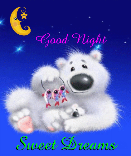 Ein niedlicher weißer Eisbär liegt gemütlich und wünscht eine gute Nacht mit süßen Träumen.
