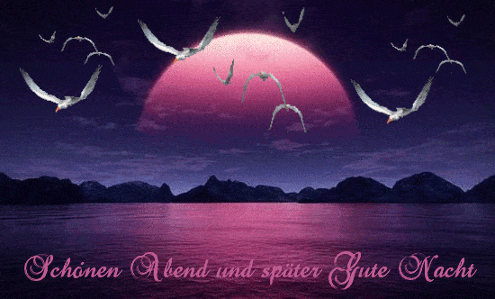 Nächtliche Landschaft mit großem roten Mond und Vögeln, gute Abend- und Nachtsgrüße.