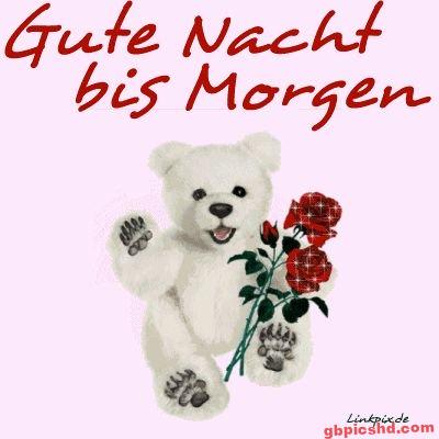 Weißer Teddybär mit roten Rosen sagt Gute Nacht bis Morgen.