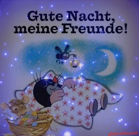 Der Maulwurf schläft in einer gemütlichen Szene mit Mond und Sternen, gute Nacht Gruß.
