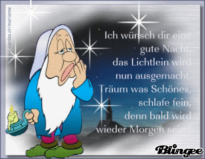 Müder Zwerg mit Kerze vor Nachthimmel mit Sternen, gute Nacht Gruß.