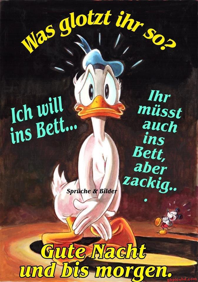 Erschrockene Donald-Duck-Figur mit Nachtszene und Gute-Nacht-Wunsch.