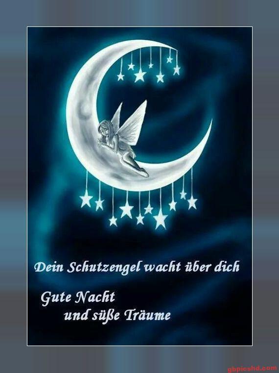 Schutzengel sitzt auf einem Mond mit hängenden Sternen, Gute Nacht und süße Träume.