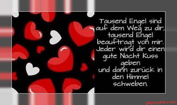Bild mit roten und weißen Herzen und einem Gute-Nacht-Gruß mit Engel-Motiv.
