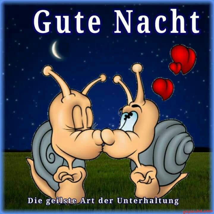 Lustige Gute-Nacht-Grußkarte mit zwei küssenden Schnecken und roten Herzchen im Nachthimmel.